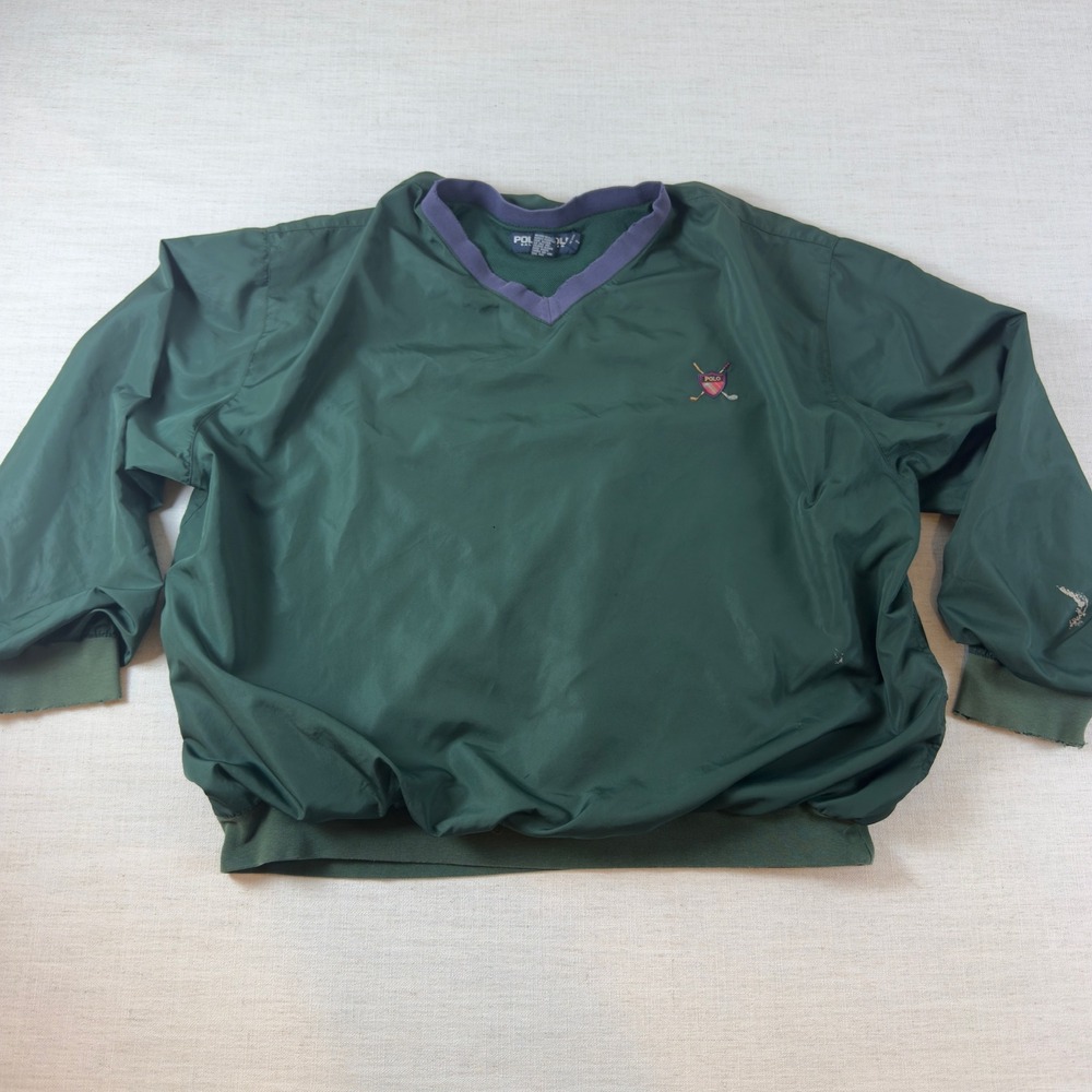 Vintage Polo Golf Ralph Lauren Windshirt Mens XL Green V Neck Crest Pullover